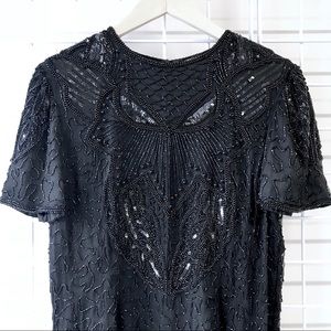 1980s Vintage Black Beaded Silk Shift Dress